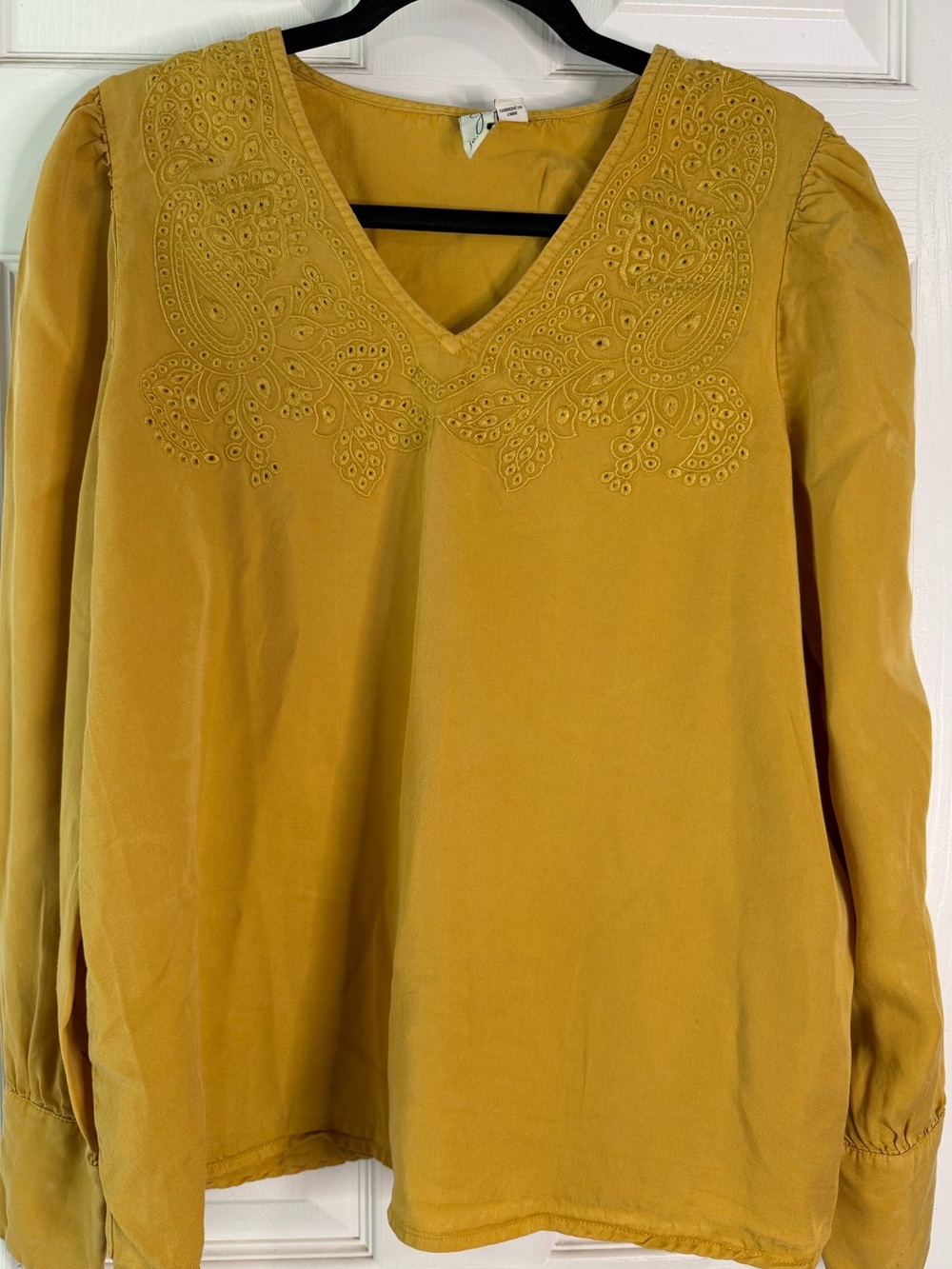 Joie V-Neck Embroidered Blouse Large mustard yellow button cuff soft
